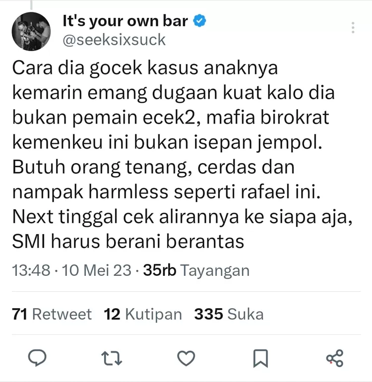 Tangkap layar cuitan Jonathan Latumahina usai Rafael Alun ditetapkan sebagai tersangka TPPU