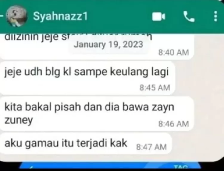 Chat whatsapp Syahnaz ceritakan sempat diancam cerai Jeje Govinda.