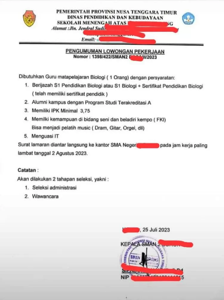 Lowongan kerja guru Biologi di NTT