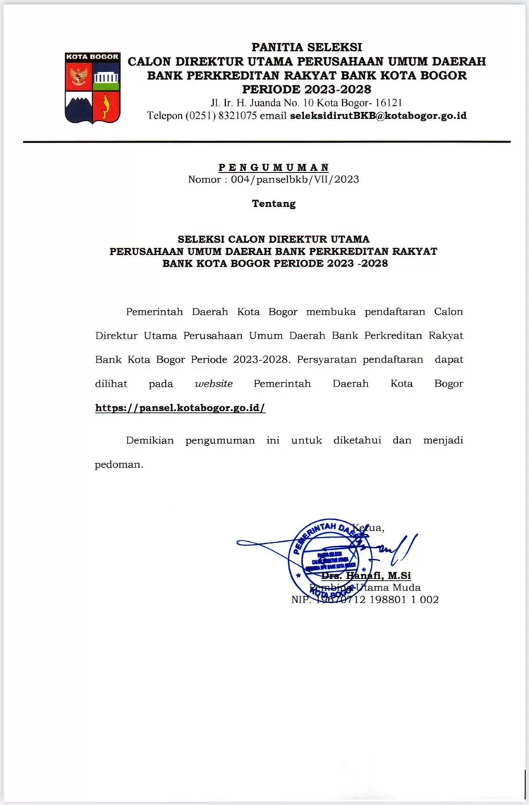 Seleksi calon dirut Perumda BPR Bank Kota Bogor 2023-2028.