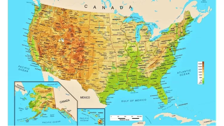 Kunci jawaban IPS kelas 9 halaman 36: Peta Amerika Serikat beserta dataran tinggi dan dataran rendahnya