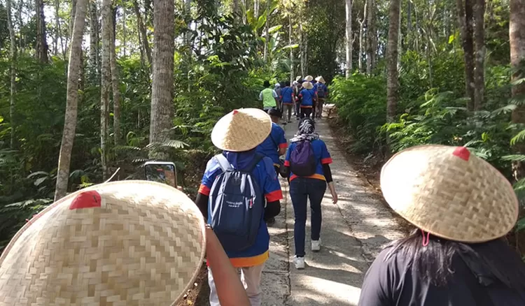 Peserta Jogja Visiting Tourism Walk menyusuri rute di Desa Wisata Purwosari, Kapanewon Girimulyo, Kabupaten Kulon Progo, DI Yogyakarta, Sabtu (16/9/2023). 