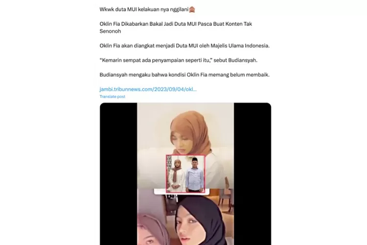 Unggahan Twitter yang menyebutkan Oklin Fia sebagai Duta MUI