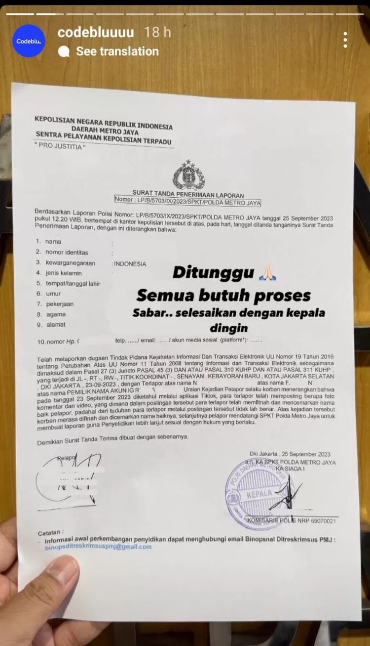 Surat tanda penerimaan laporan yang diposting akun Codeblu. 
