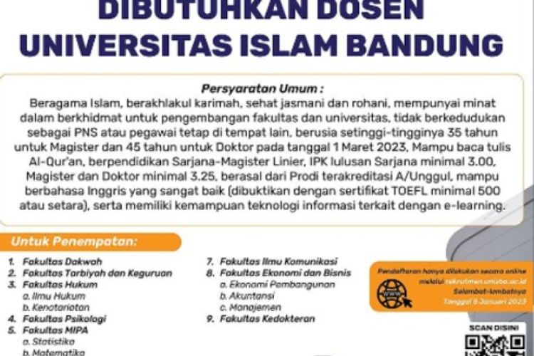 Lowongan Kerja Bagi Dosen di Universitas Islam Bandung (Unisba), Simak Informasi Lengkapnya