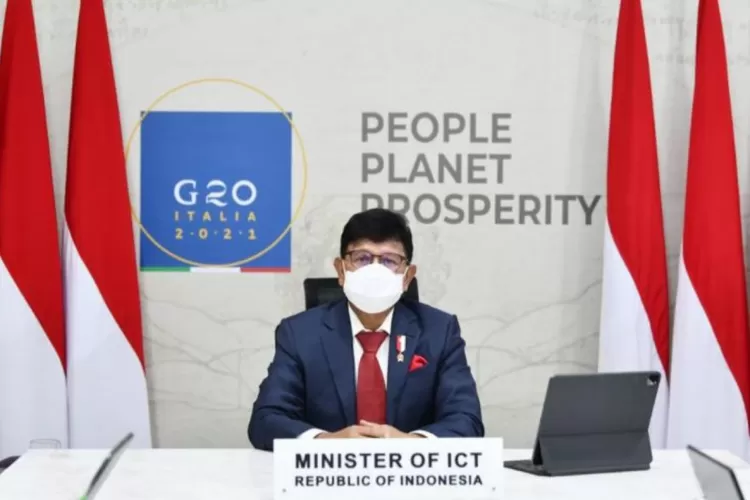 Menteri Komunikasi dan Informatika Johnny G Plate saat mengikuti sesi pertama Pertemuan Tingkat Menteri G20 Bidang Digital dari Jakarta secara virtual, Kamis (05/08/2021). ( ANTARA/HO-Kemenkominfo)
