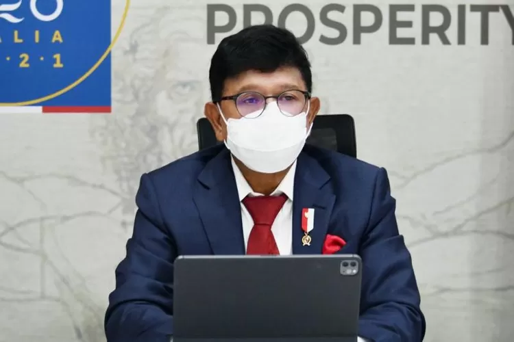 Menkominfo Johnny G. Plate mengikuti Pertemuan Tingkat Menteri G20 Bidang Digital Tahun 2021 secara virtual. (Biro Humas Kementerian Kominfo)