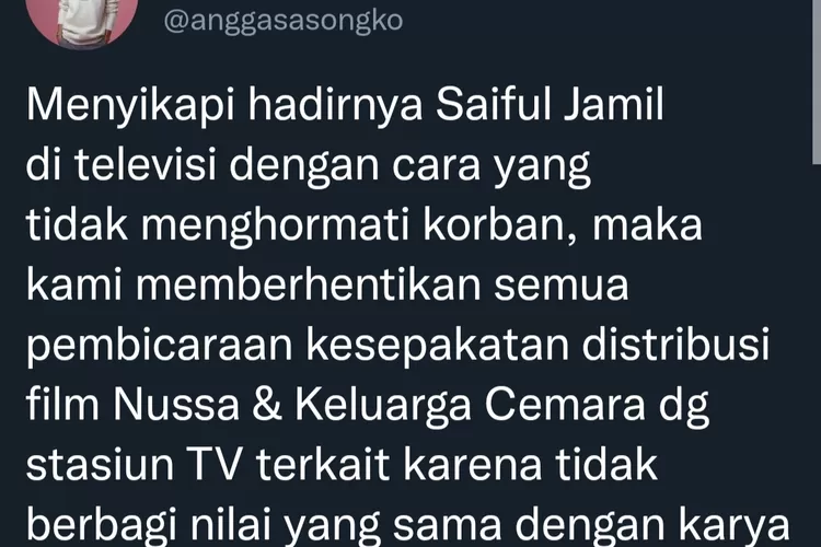 Tweet Angga Sasongko mengenai kehadiran Saipul Jamil di Televisi / @anggasasonggko