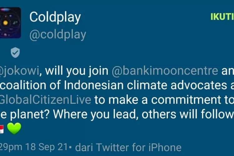 cuitan Coldplay yang mengajak Presiden Jokowi bergabung di Global Citizen Live  (Twitter)