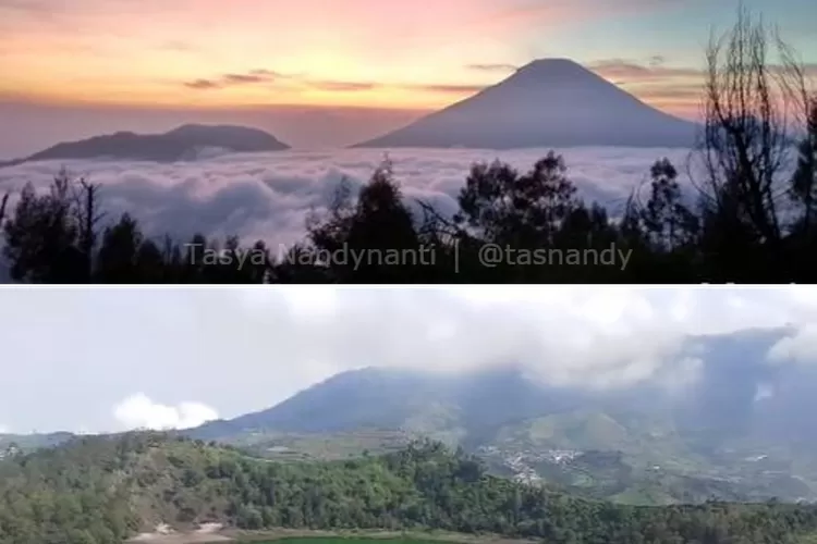 Sunrise dari atas Bukit Sikunir (atas) dan Telaga Warna (bawah) (Kolase Instagram/@tasnandy)