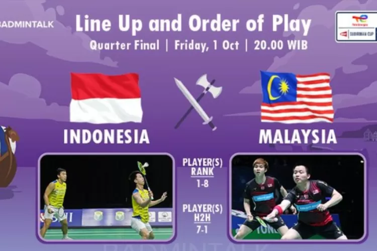 Babak seperempat final Piala Sudirman yang mempertemukan Indonesia dengan Malaysia nanti malam. (Twitter/@BadmintonTalk)