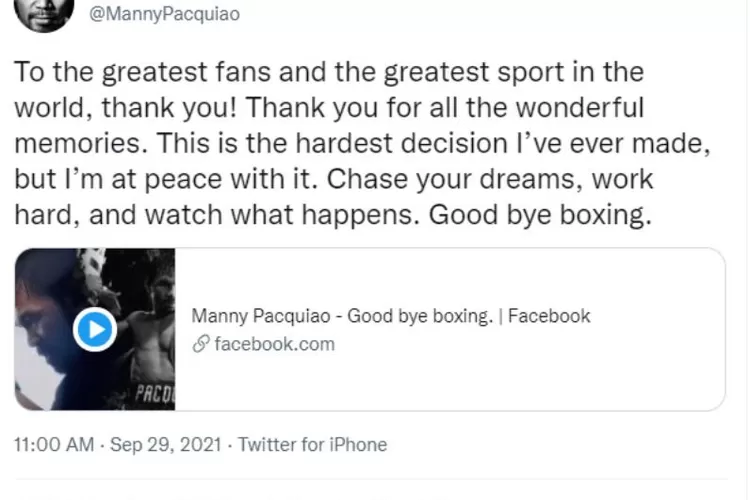 Unggahan Manny Pacquiao di Twitter resminya. (Twitter/@MannyPacquiao)