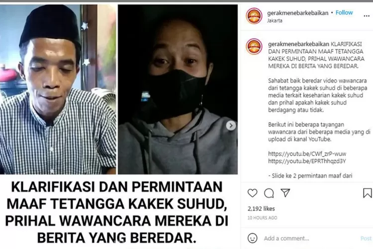 Tangkapan layar klarifikasi kaus Kakek Suhud Baim WOnf (IG @gerakanmenebarkebaikan)