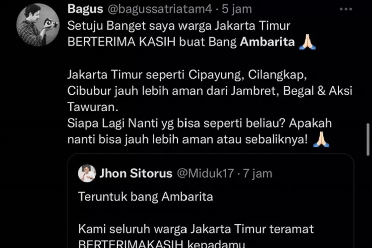 Reaksi netizen Jakarta Timur ketika Bripka Ambarita dimutasi (Twitter/@bagussatriatama4)