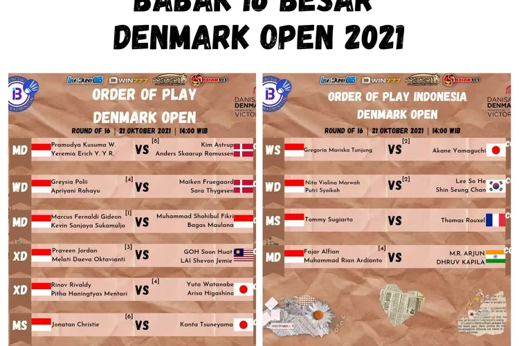 Line-up dan pemain Indonesia di Babak 16 Besar Pertandingan Denmark Open 2021 (kolase dari akun Instagram ina_badminton)