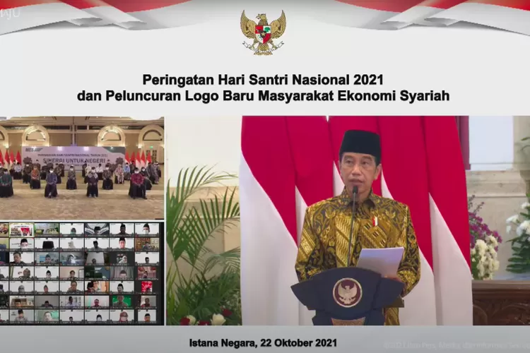  Presiden Joko Widodo saat memberikan sambutan pada Peringatan Hari Santri Nasional Tahun 2021 dan Peluncuran Logo Baru MES. (Dok/BPMI Setpres)
