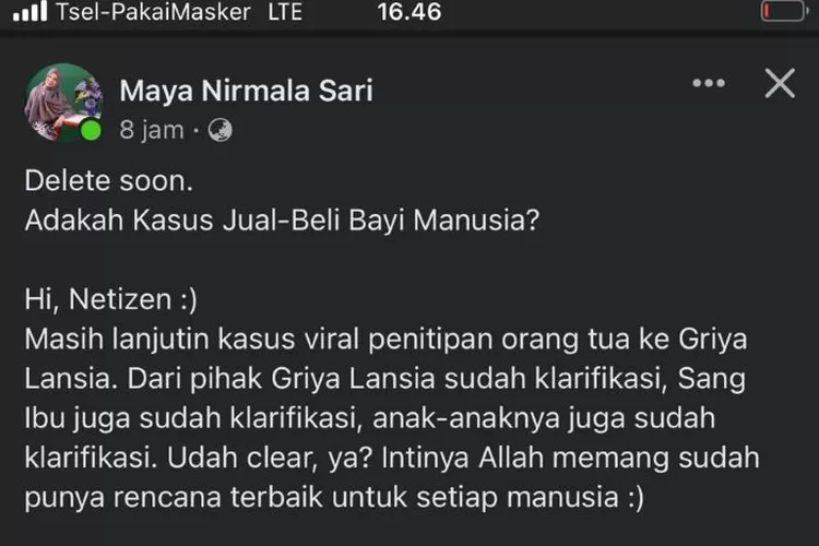 Tangkapan layar Status Adakah kasus jual beli bayi manusia (Facebook/Maya Nirmala Sari)