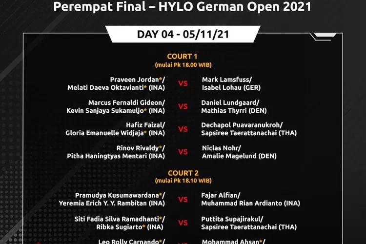 Line-up dan Pemain Indonesia pada Babak Perempat Final Hylo Badminton Open 2021 (Ig @pbdjarumofficial)