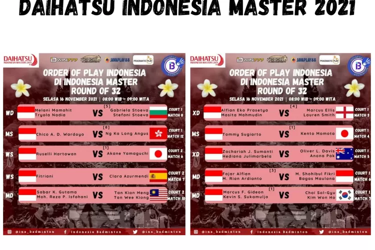Line-Up Babak 32 Besar Bagian Pertama Daihatsu Indonesia Master 2021 (kolase IG @ina_badminton)
