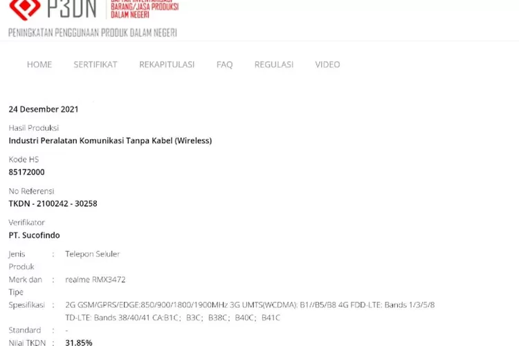  Sertifikasi Perangkat di TKDN Indonesia yang Diduga Adalah Realme 9 Pro 5G (Tangkapan Layar Situs Resmi TKDN Kemenperin Indonesia)