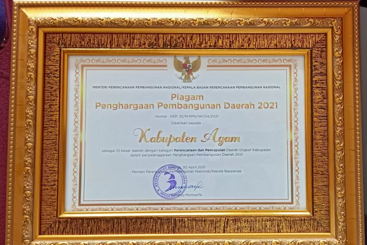 Piagam Penghargaan Pembangungan Daerah (PPD) 2021 dari Kementerian PPN/Bappenas