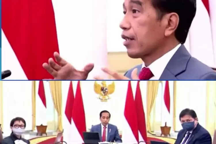 Presiden Jokowi berbicara di WEF 2022, didampingi Menko Ekonomi Airlangga Hartarto dan Menlu Retno Marsudi. (Kolase tangkapan layar YouTube Sekretariat Presiden.)