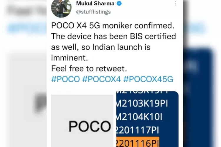 Tweet Tipster Mukul Sharma, yang Menyebut Tentang Poco X4 5G (Tangkapan Layar Akun Twitter Mukul Sharma, @stufflistings))