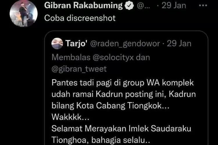 Tangkapan layar cuitan netizen di akun twitter milik Gibran terkait perayaan Imlek di Solo (Endang Kusumastuti)