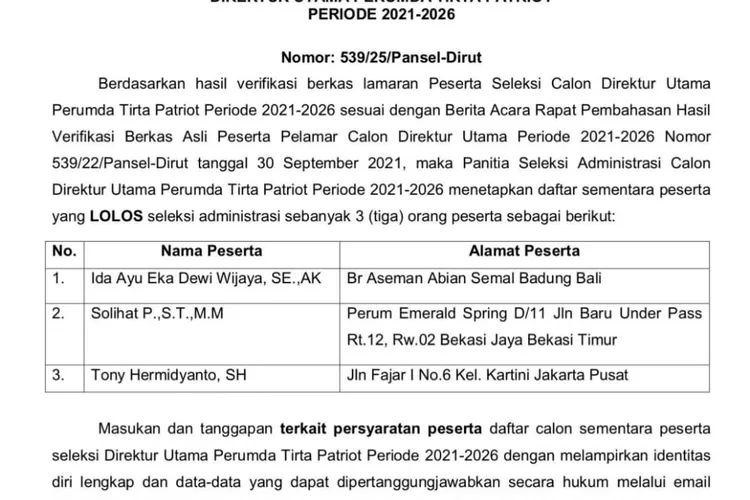 Pengumuman daftar sementara peserta calon Dirut Perumda PDAM Tirta Patriot periode 2021-2026 . (FOTO: Dok. Bara Aksi Bekasi)
