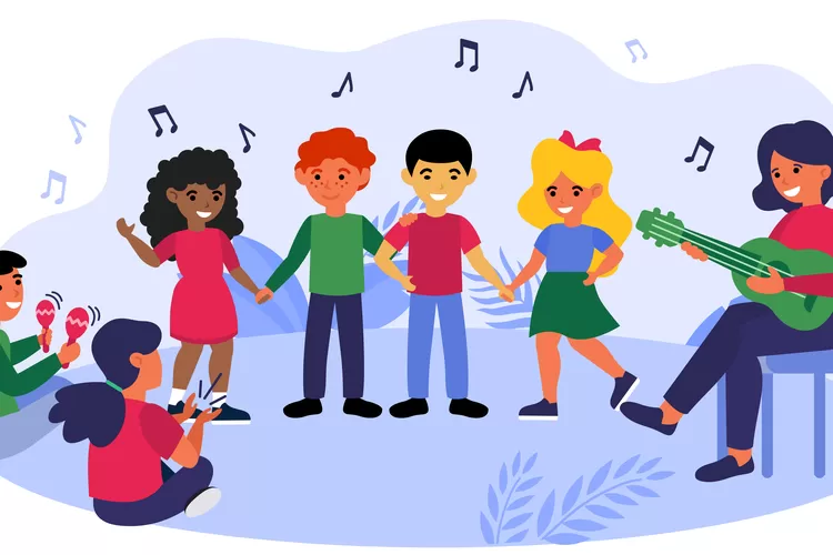 Children enjoying music class. Teacher playing guitar, dancing, singing flat vector illustration. School, teaching, childhood concept for banner, website design or landing web page