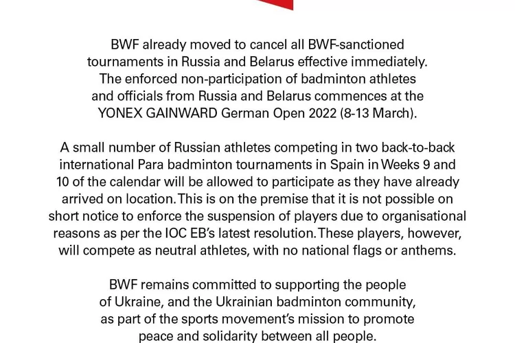 BWF Beri Sanksi Kepada Rusia dan Belarusia Terkait Penyerangan ke Ukraina (Instagram @bwf.official)