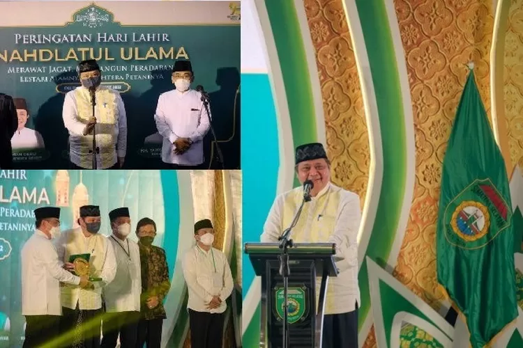 Menko Perekonomian Airlangga Hartarto menghadiri dan memberikan sambutan pada acara Hari Lahir Nadhlatul Ulama (NU) ke-99 tahun, di Jakabaring Sport Center Palembang, Sumatera Selatan (Kemenko Perekonomian)