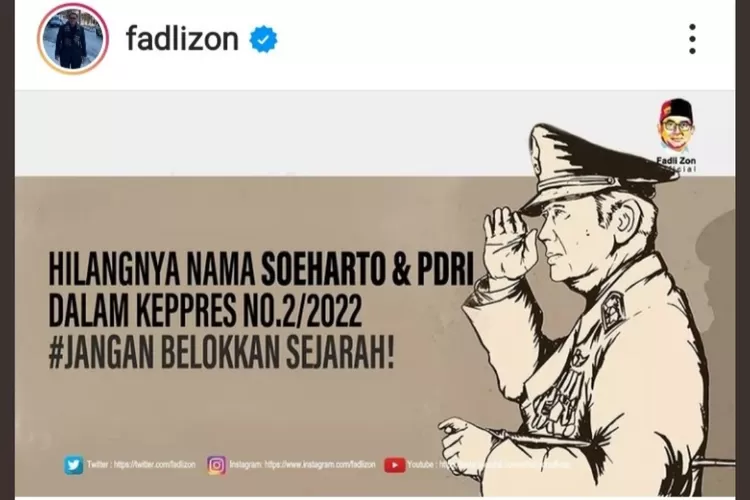 Fadli Zon Sebut Jangan Belokkan Sejarah: Hilangnya Nama Soeharto dan PDRI dalam Keppres Nomor 2/2022/Instagram Fadlizon