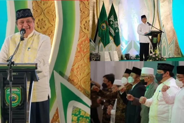 Menko Perekonomian Airlangga Hartarto memberikan sambutan pada acara Puncak Harlah NU ke-99 Wilayah Barat Indonesia di Jakabaring Sport City, Kota Palembang, Jumat (4/3/2022). (Kemenko Perekonomian)