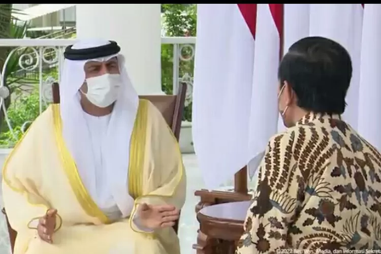 Presiden Jokowi berbincang dengan Menteri Energi dan Infrastruktur UEA Suhail Mohammed Al Mazroei, utusan khusus Pangeran MBZ. (YouTube Sekretariat Presiden.)