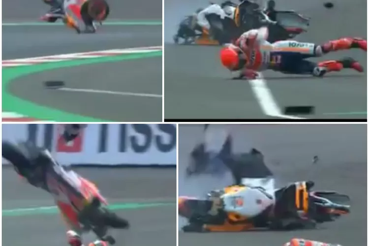Marc Marquez mengalami kecelakaan saat latihan sebelum balapan MotoGP Mandalika dimulai. Marquez terpaksa batal mengikuti balapan. (SS Twitter MotoGP)