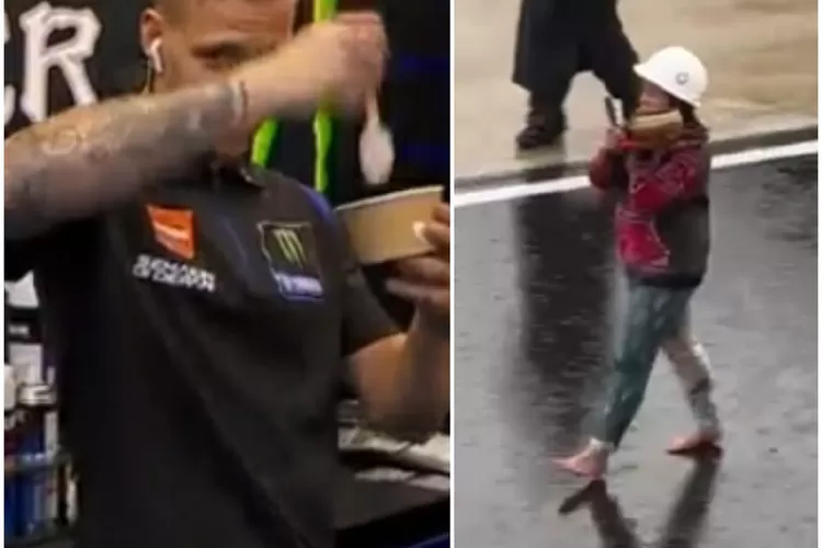 Aksi Kocak Pembalap MotoGP, Fabio Quartaro Meniru Rara Aksi Pawang Hujan saat balapan MotoGP di Sirkuit Mandalika, Minggu (20/3/2022) (twitter @motoGP)