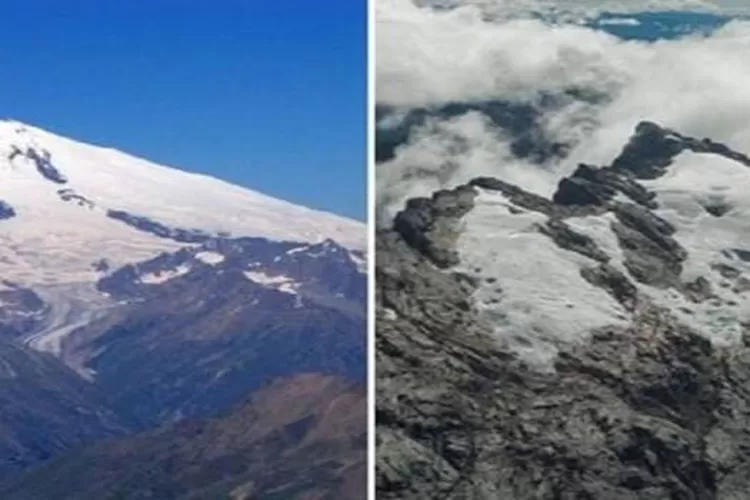 Es abadi pada puncak Jaya Wijaya saat belum tetdampak perubahan iklim (kiri) dan ketika sudah muncul perubahan iklim (kanan). (G. Windarto)