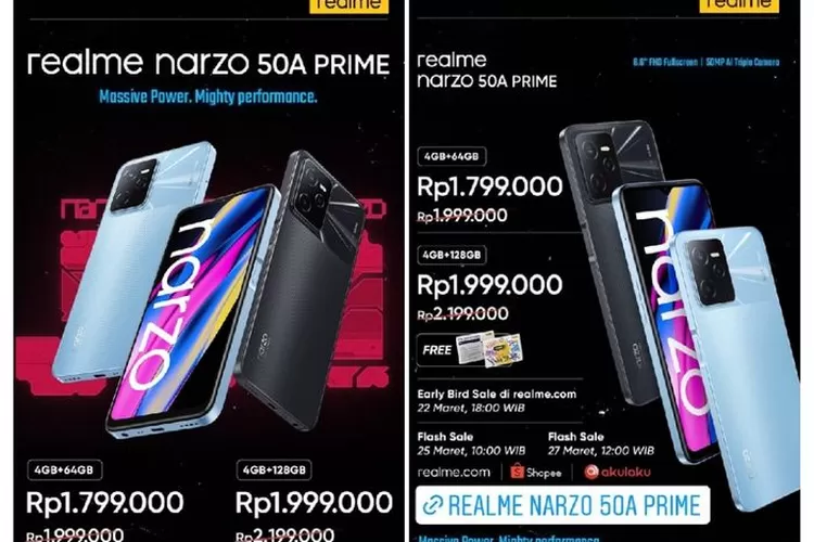 Tampilan Poster Harga HP Realme Narzo 50A Prime yang Dirilis Resmi di Indonesia (Tangkapan Layar Akun Instagram Resmi @realmeindonesia)