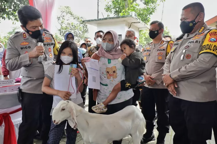 Lima ekor kambing dibagikan sebagai doorprize dalam kegiatan vaksinasi massal di Lumajang Jatim, diserahkan langsung oleh Kapolda Irjen Nico Afinta. (Humas Polda Jatim)