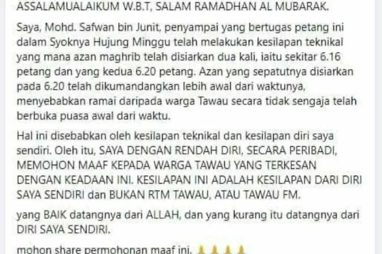 Penyiar Mohd Safwan melalui akun Facebooknya meminta maaf karena telah menyiarkan azan magrib 4 menit lebih awal  (Facebook @mohd Safwan)