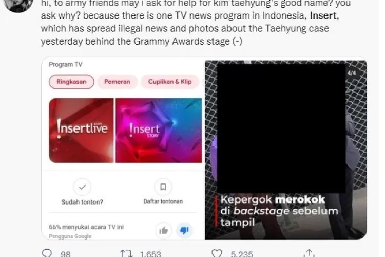  Salah satu Army Indonesia mempublish sebuah foto insert ketika insert menayangkan foto V BTS merokok yang Army anggap itu adalah foto illegal (twitter/@nuna_yoon93)