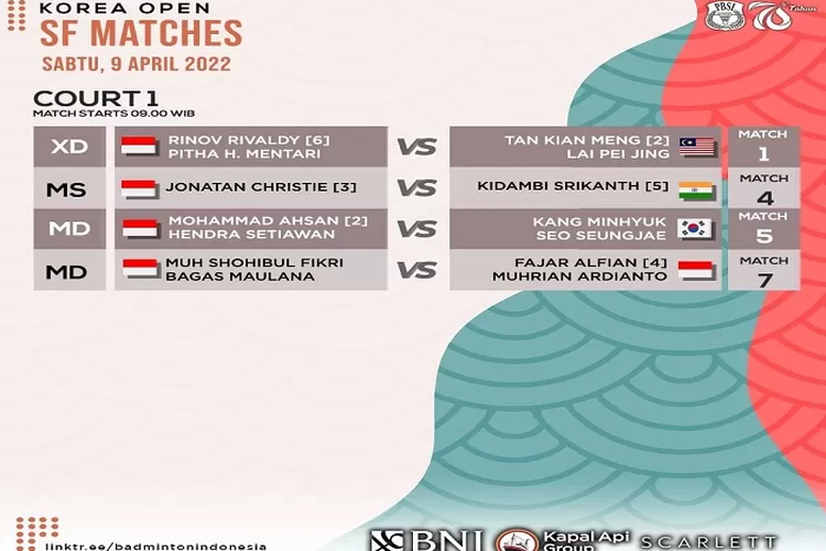Jadwal Pertandingan Korea Open 2022  Babak Semi Final Tanggal 9 April 2022 Untuk 5 Wakil Tim Indonesia Mulai Pertandingan Pukul 09.00 WIB (Instagram @badminton.ina)