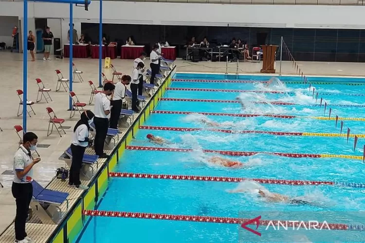 Suasana Seleksi Nasional (Seleknas) time trial renang untuk persiapan SEA Games Vietnam di Stadion Akuatik Gelora Bung Karno, Jakarta, Sabtu (12/3/2022).  (ANTARA/Arindra Meodia)