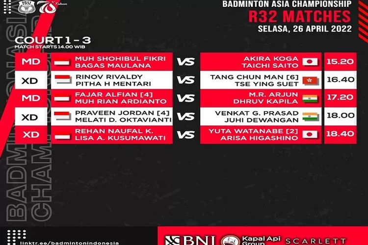 Jadwal Pertandingan Badminton Asia Championship 2022 Tim Indonesia 26 April 2022 Babak Kualifikasi  dan Babak 32 besar (Instagram @badminton.ina)