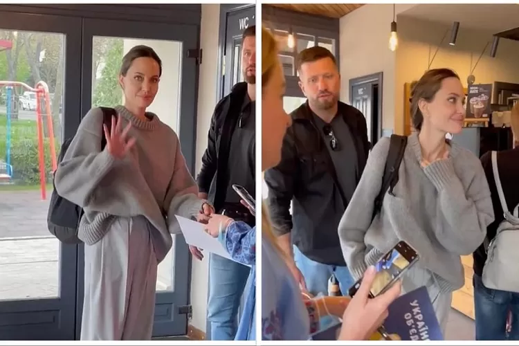 Angelina Jolie didampingi ajudannya saat singgah di Coffee Shop di kota Lviv ( Instagram akun @thevillageu)