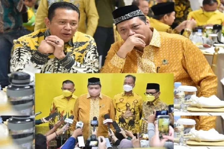Ketua Umum Partai Golkar Airlangga Hartarto (kanan atas) saat berbincang dengan Ketua MPR Bambang Soesatyo dan jumpa pers pada acara halal bihalal seluruh pengurus Partai Golkar se-Indonesia (Ist)