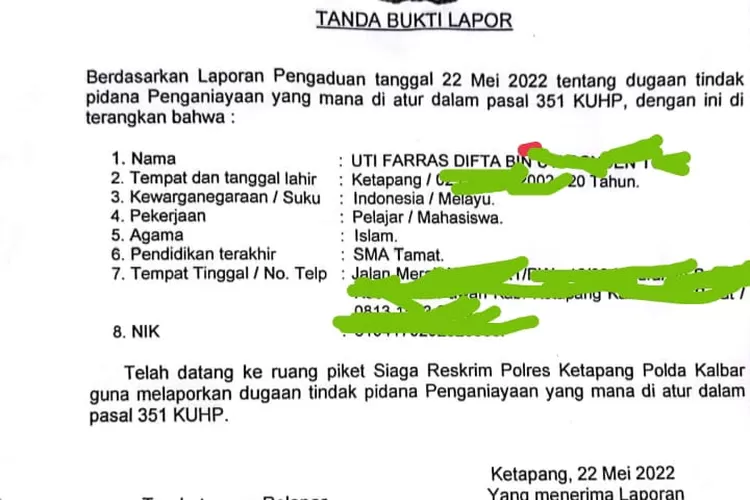 Laporan korban sudah diterima oleh pihak Polres Ketapang., Kalimantan Barat  (Ist)