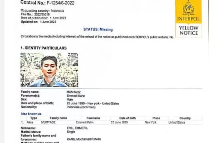 Interpol resmi menerbitkan Yellow Notice untuk Emmeril Khan Mumtadz alias Eril, putra Ridwan Kamil, yang hilang di Sungai Aare, Swiss.