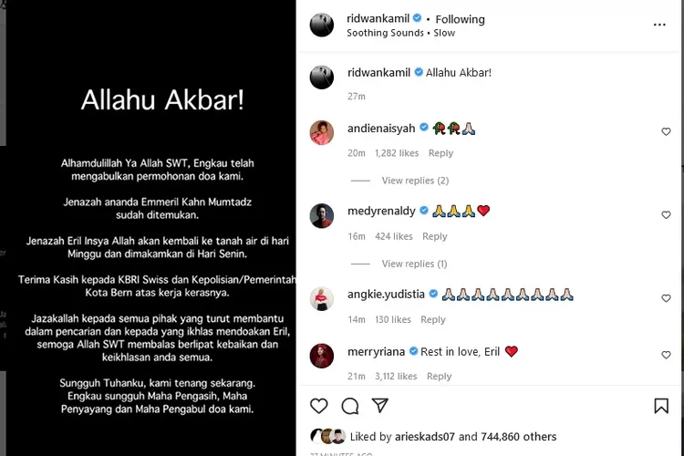 Reels Instagram Ridwan Kamil usai Eril ditemukan. (Instagram @ridwankamil)